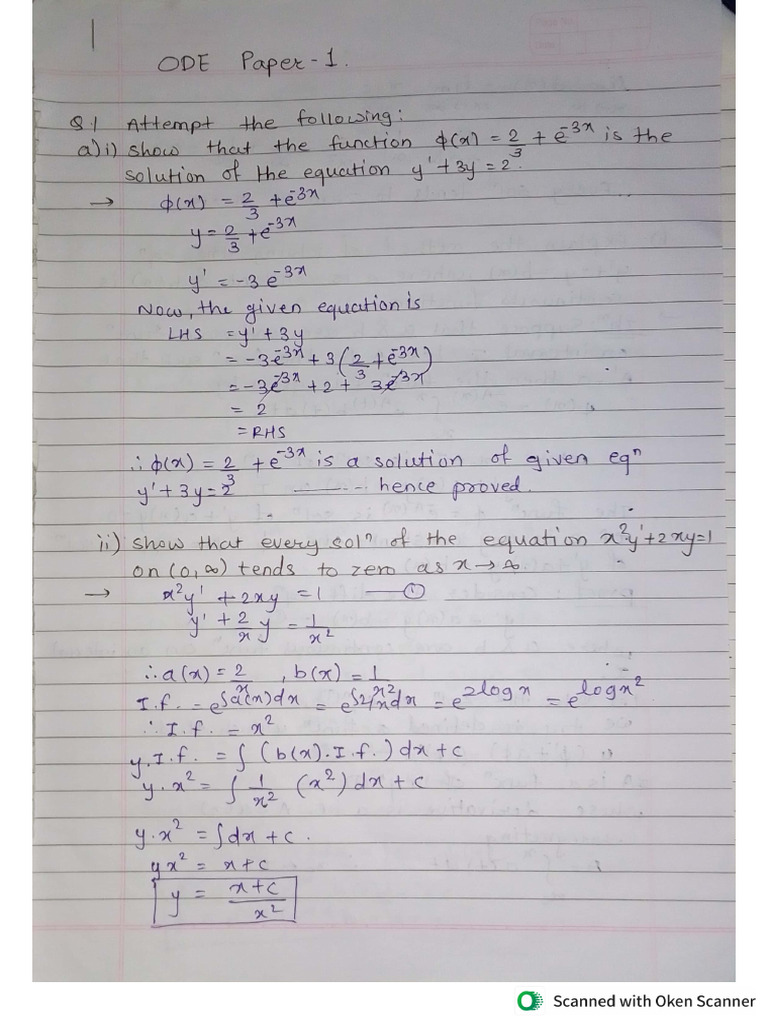 ODE Question Paper Solution MSC 1 | PDF