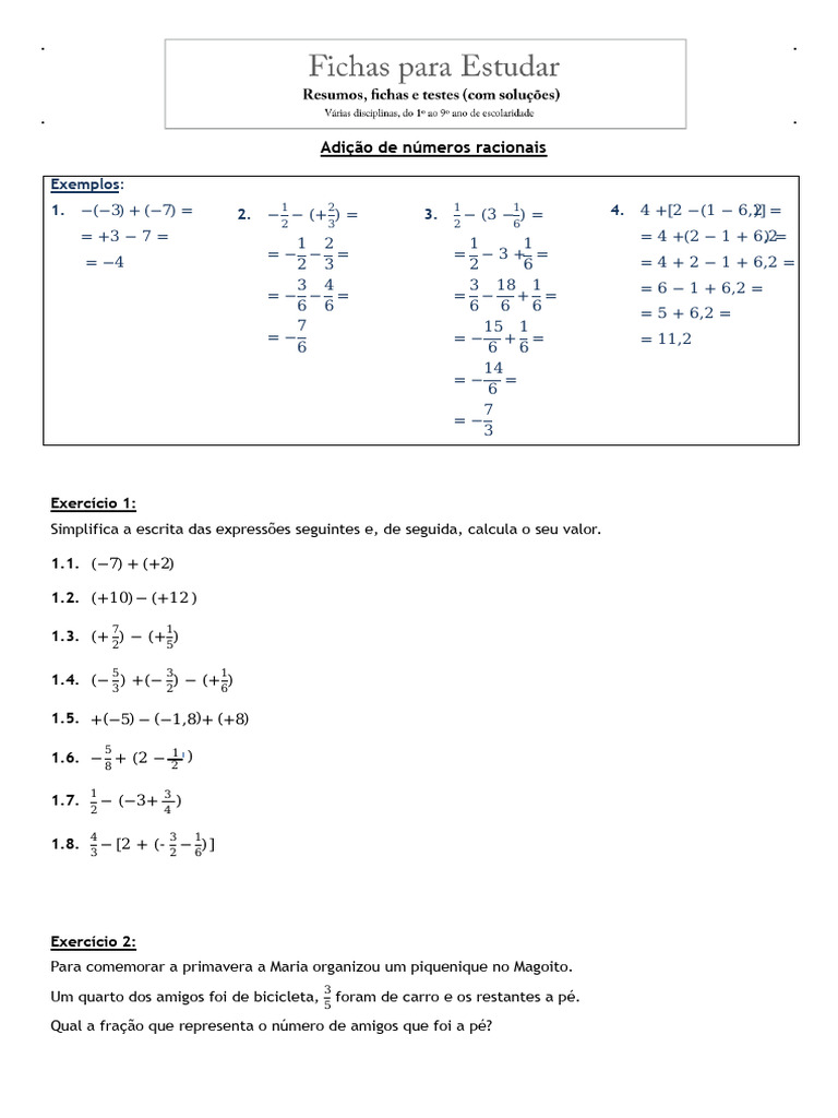 Ficha Matematica 7 Ano Adicao de Numeros Racionais | PDF | Conceitos ...