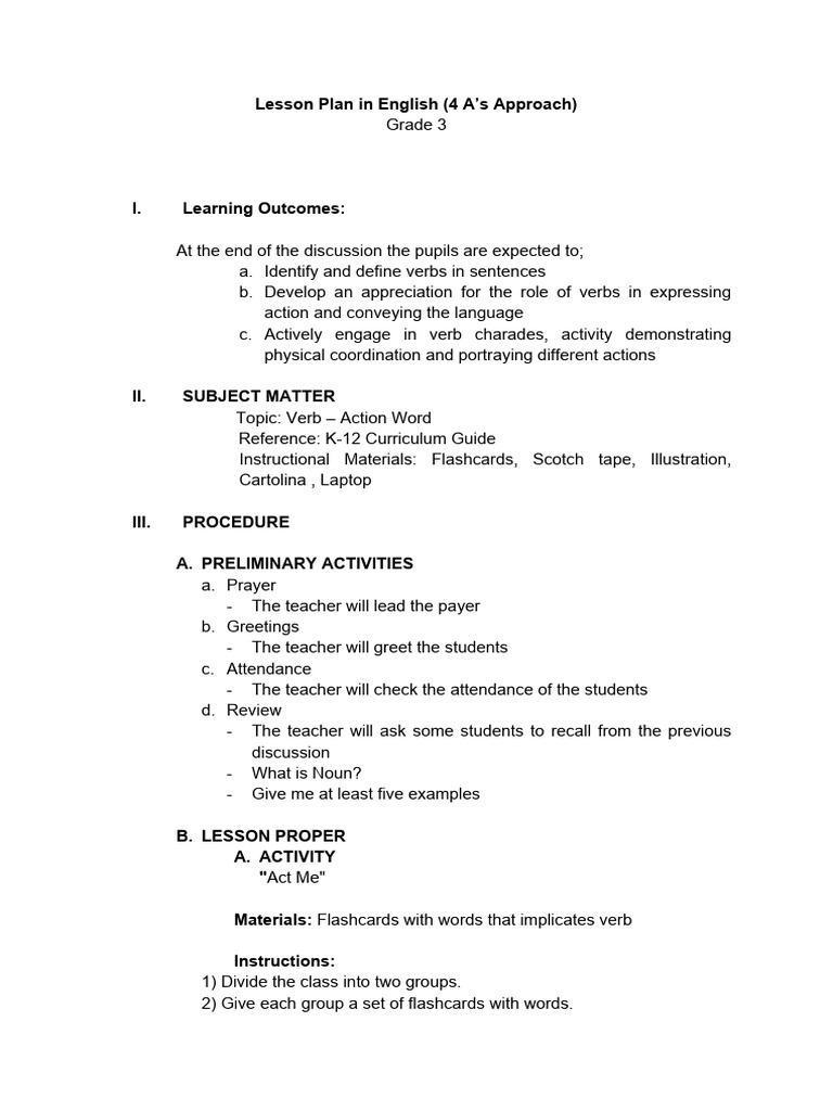 Grade 3 Verb Lesson Plan | PDF | Verb | Teachers