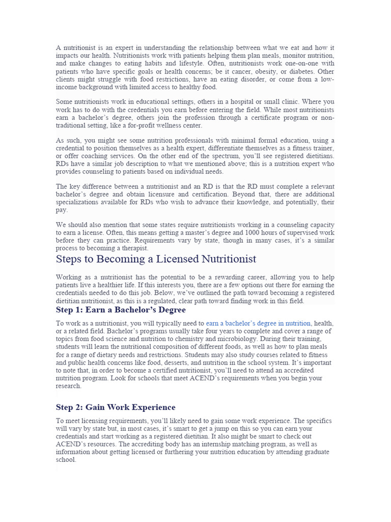 Becoming a Nutritionist: A Guide | PDF | Dietitian | Nutrition