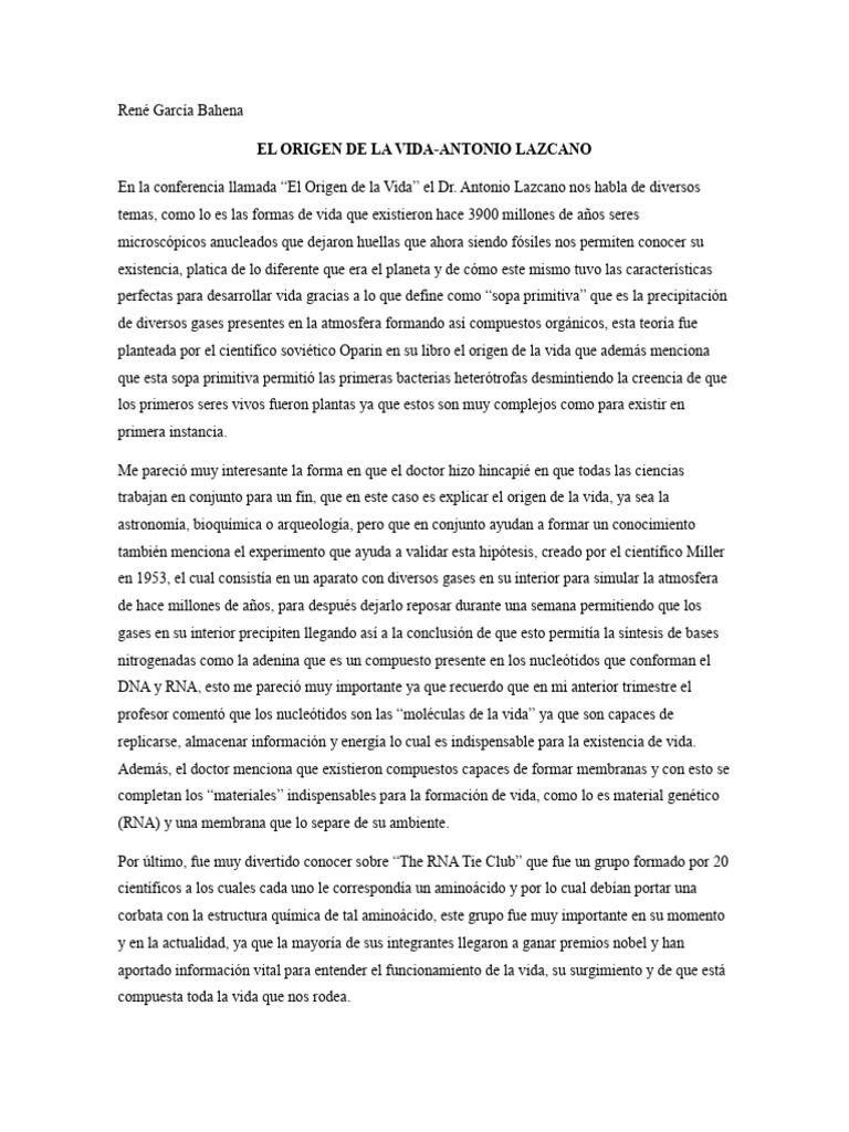 Origen de la Vida según Antonio Lazcano | PDF | Abiogénesis | Vida
