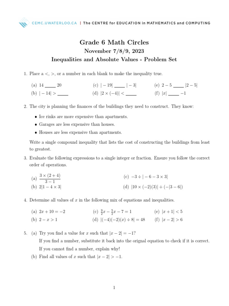 Inequalities and Absolute Values Problems | PDF | Inequality ...