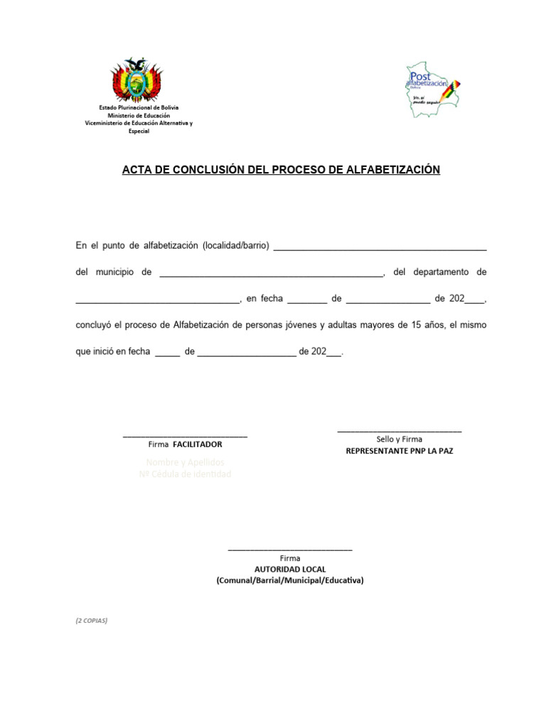 Acta Final de Conclusión Proceso de Alfabetización | PDF