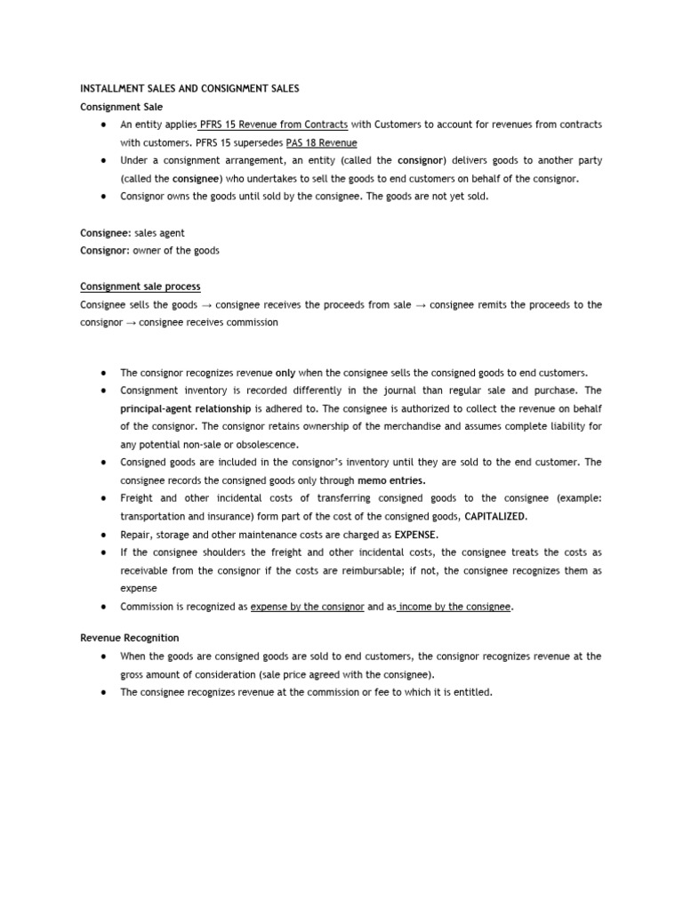 Summary notes installment sales and consignment sales pdf gross