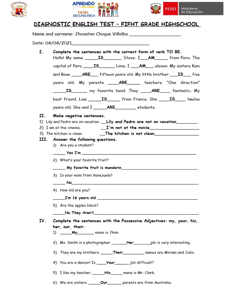 Diagnostic English Test for Fifth Grade | PDF | Linguistic Typology ...
