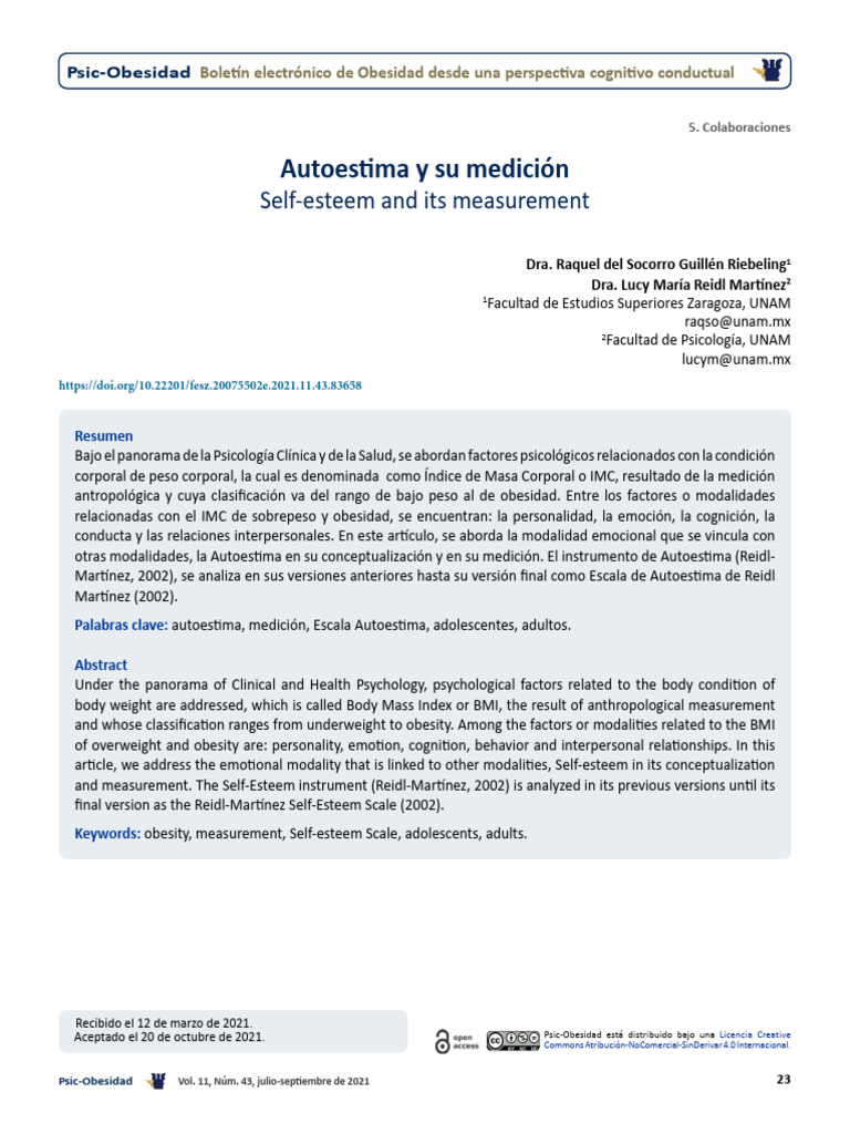 Autoestima y su Medición en Obesidad | PDF | Autoestima | Teorías ...