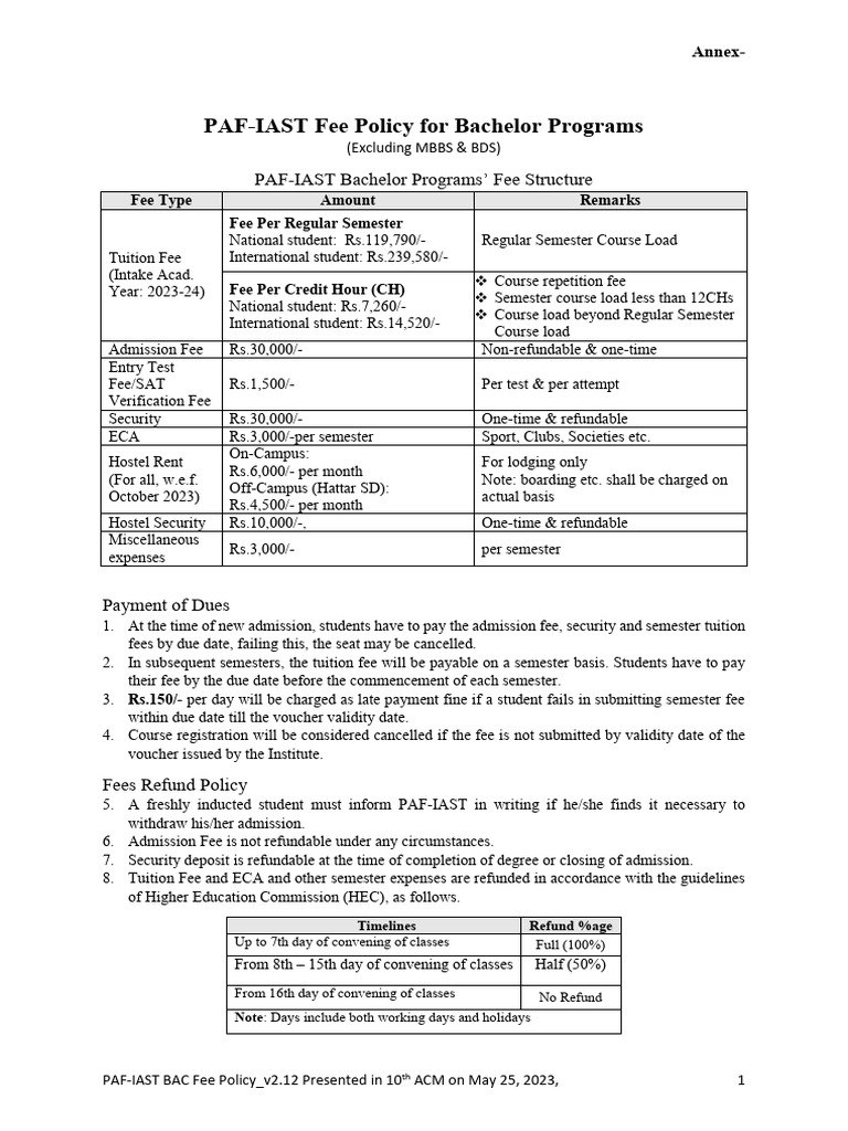 PAF-IAST Bachelor Programs Fee Structure | PDF | Fee | Taxes