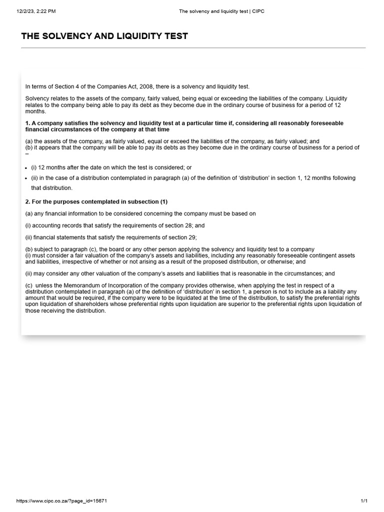 Solvency and Liquidity Test Overview | PDF | Liquidation | Valuation ...