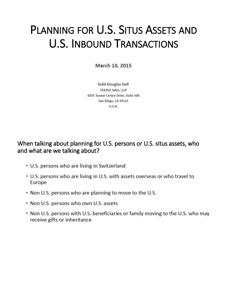Hall 2015 Planning For US Situs Assets PDF Estate Tax In The