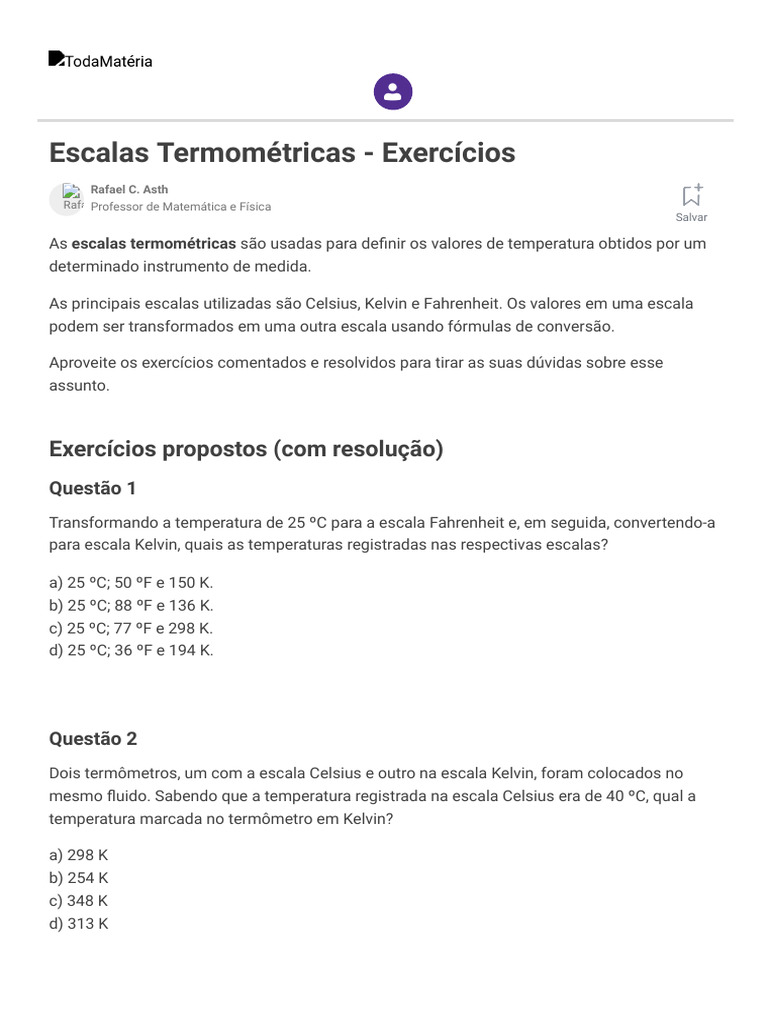 Escalas Termométricas - 12 exercícios comentados - Toda Matéria | PDF ...