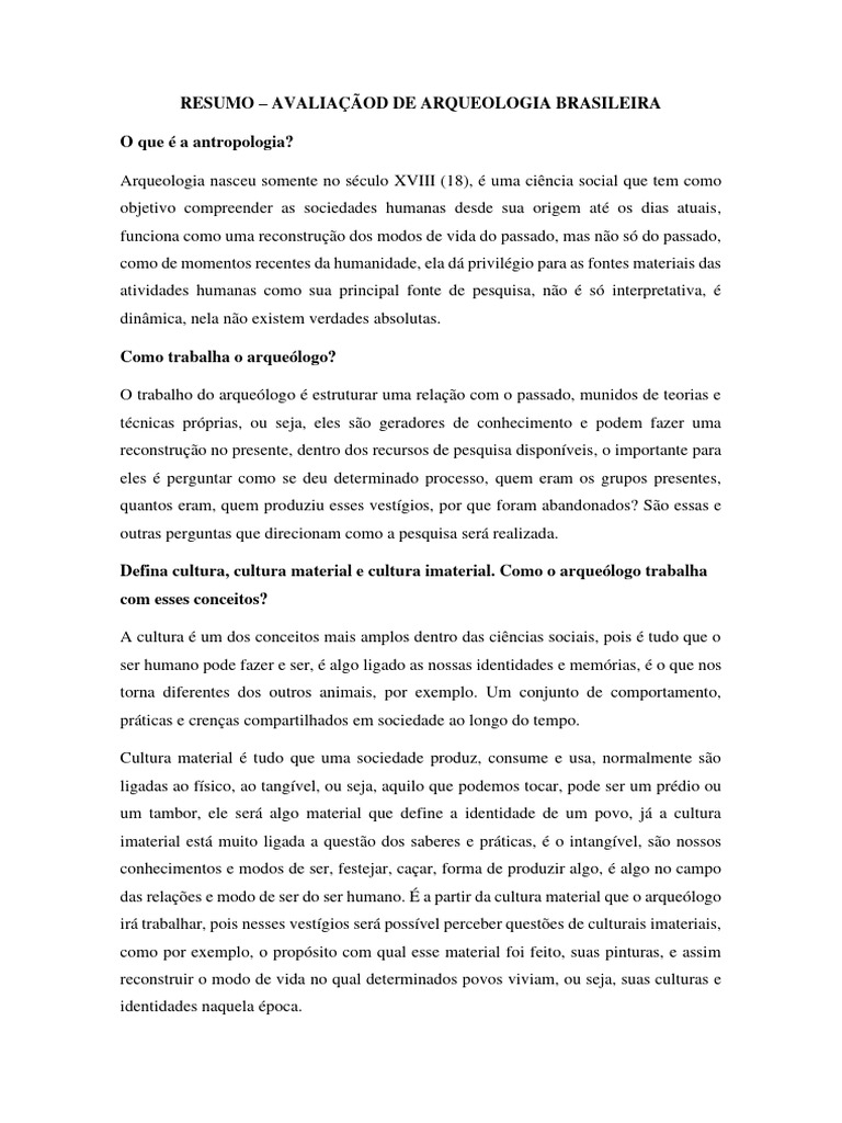 Resumo sobre Arqueologia Brasileira | PDF | Arqueologia | Science