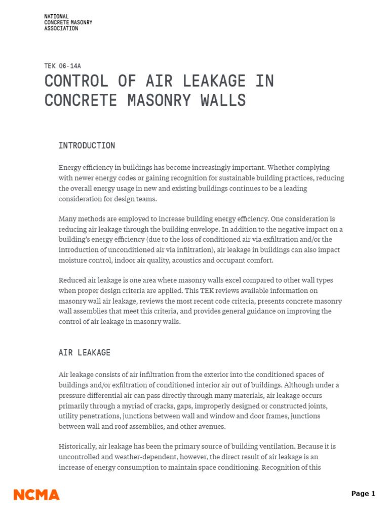 Ncma Control Of Air Leakage In Concrete Masonry Walls Tek 06 14a