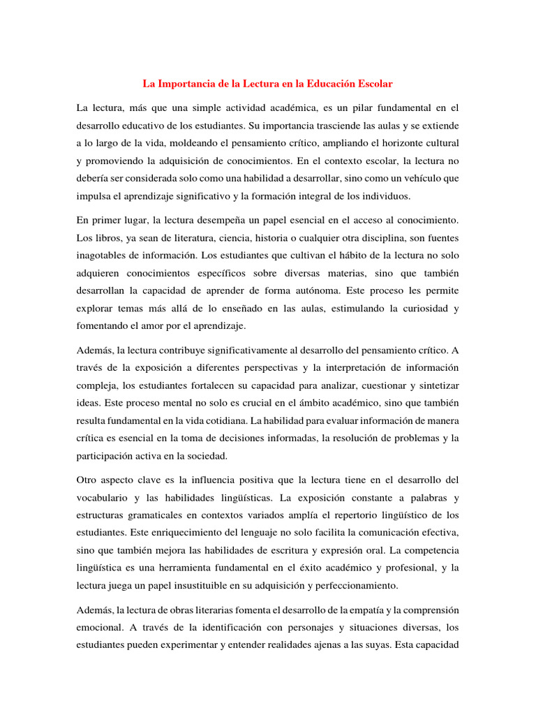 La Importancia de La Lectura en La Educación Escolar | PDF ...