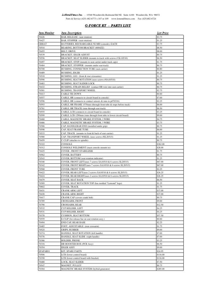 G ForceRT Parts List | PDF | Screw | Machines