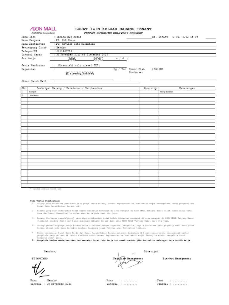 Surat Izin Keluar Barang Tenant Mall | PDF