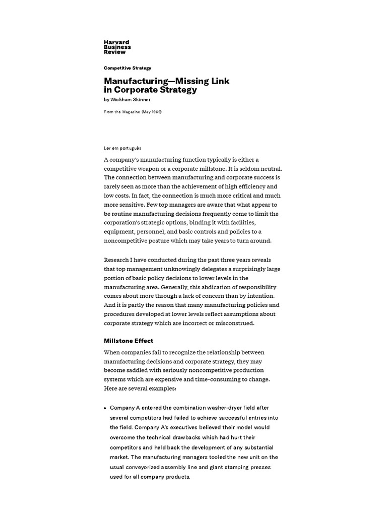Manufacturing-Missing Link in Corporate Strategy | PDF | Strategic ...