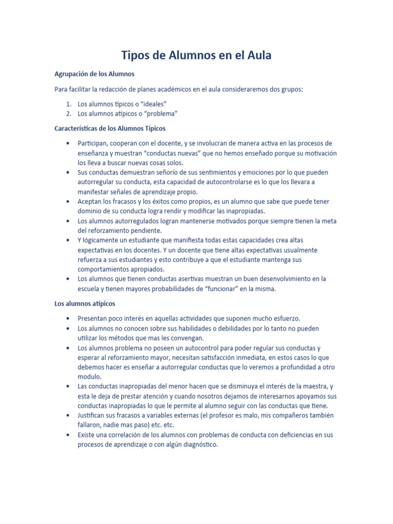 Tipos De Alumnos En El Aula Pdf Comportamiento Enseñando