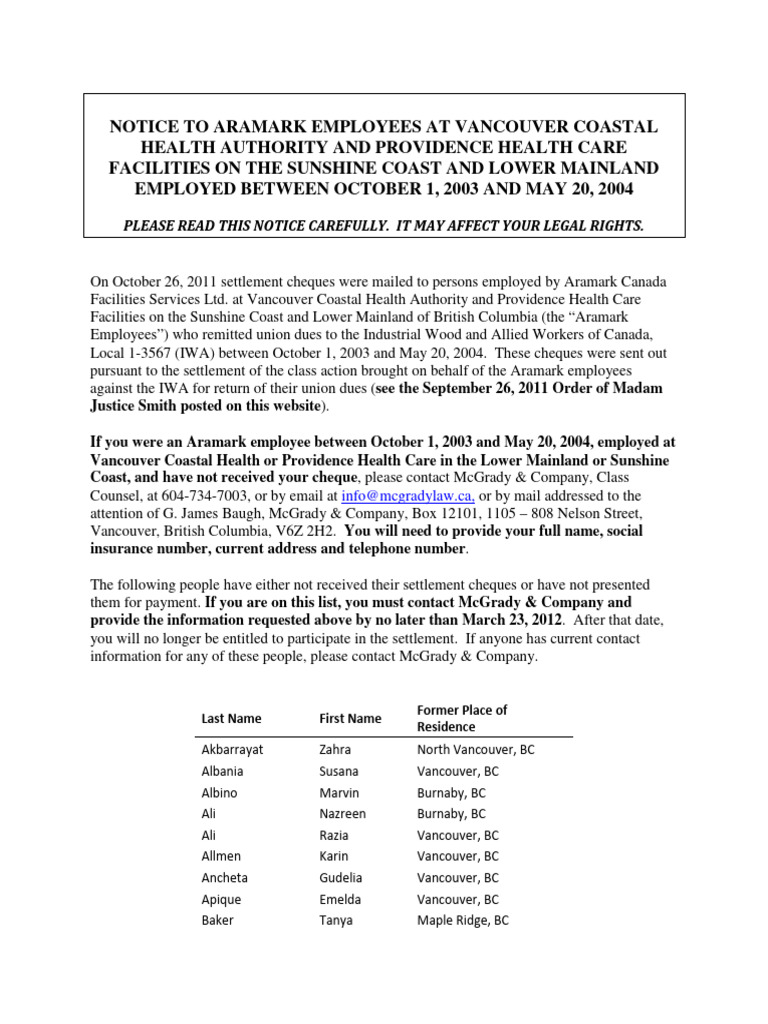 Notice To Aramark Employees Re Class Action | PDF | Economies | Service ...