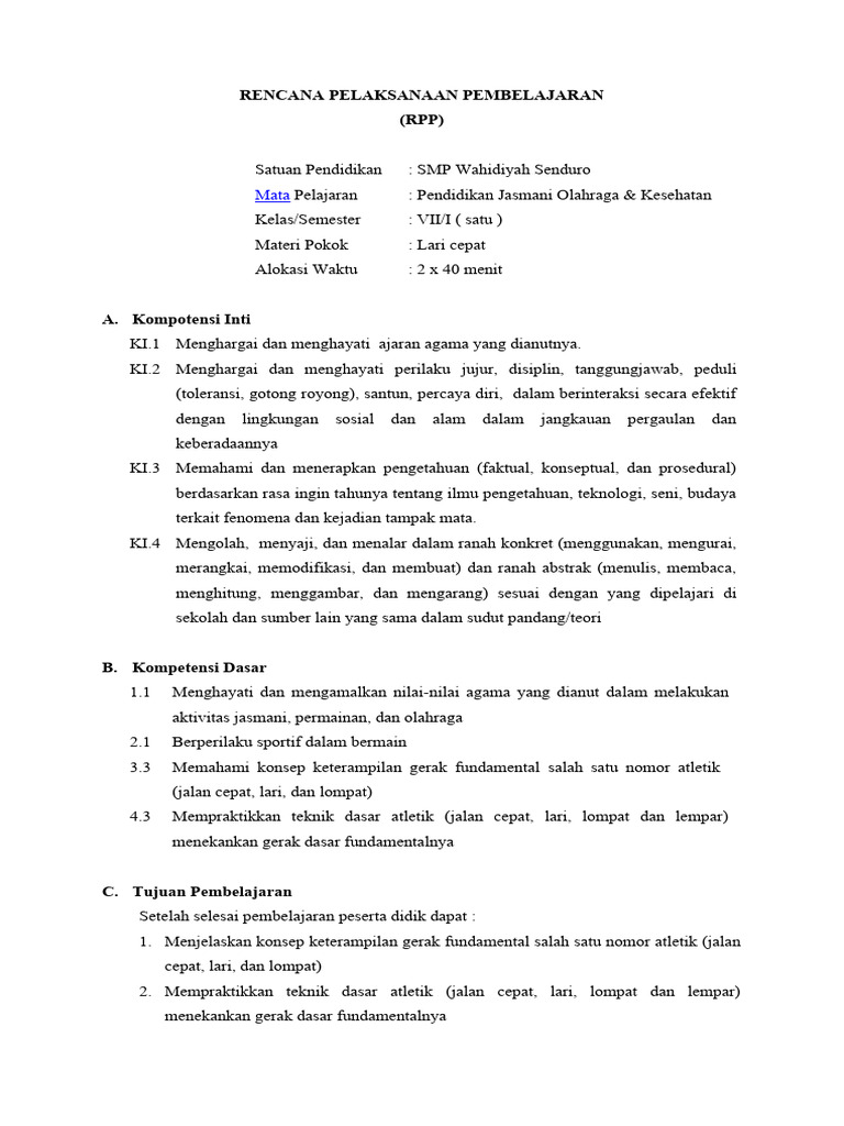 RPP Lari Cepat SMP Kelas VII | PDF | Karier & Perkembangan