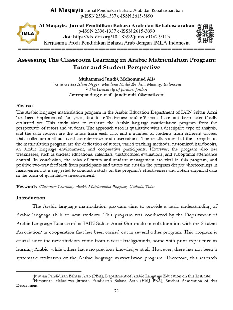 Evaluating Arabic Matriculation Program | PDF | Evaluation | Teaching ...