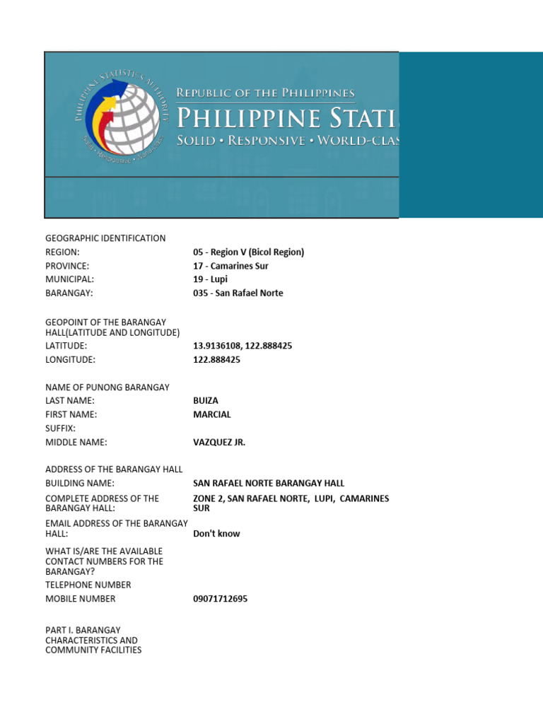 Barangay Profile Questionnaire - Barangay 035 - San Rafael Norte | PDF ...