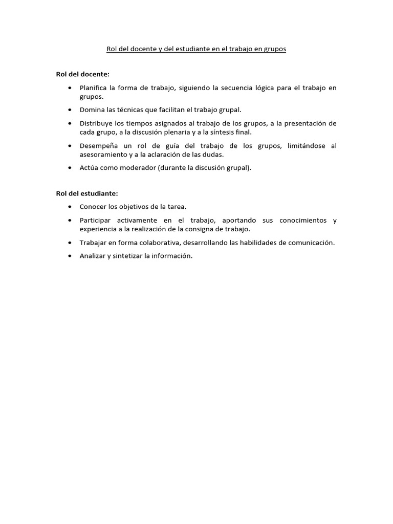 Rol Del Docente y Del Estudiante en El Trabajo en Grupos | PDF