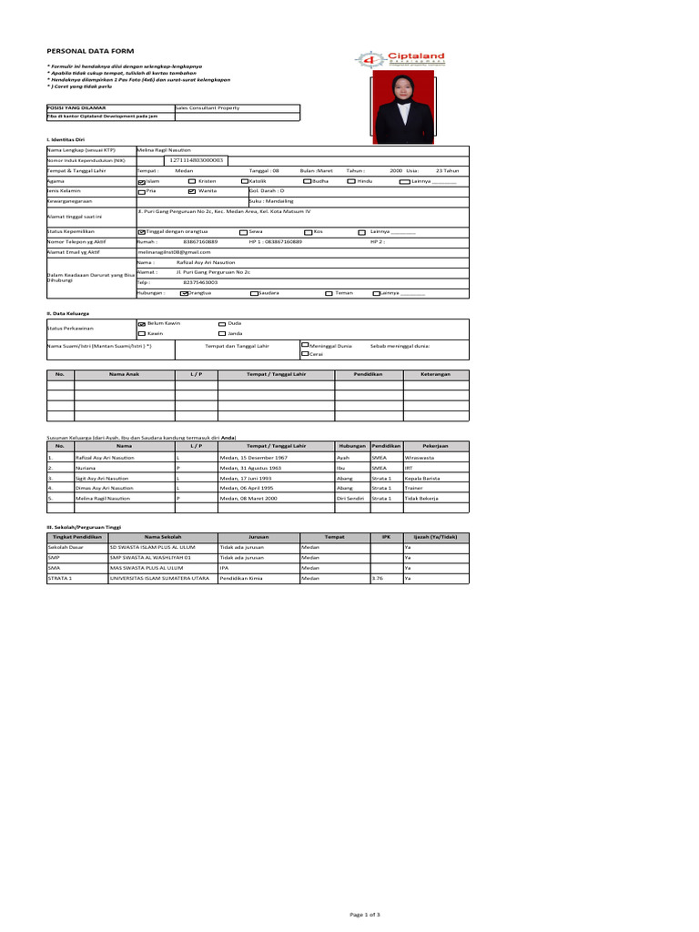Formulir Data Pribadi Melina Nasution | PDF