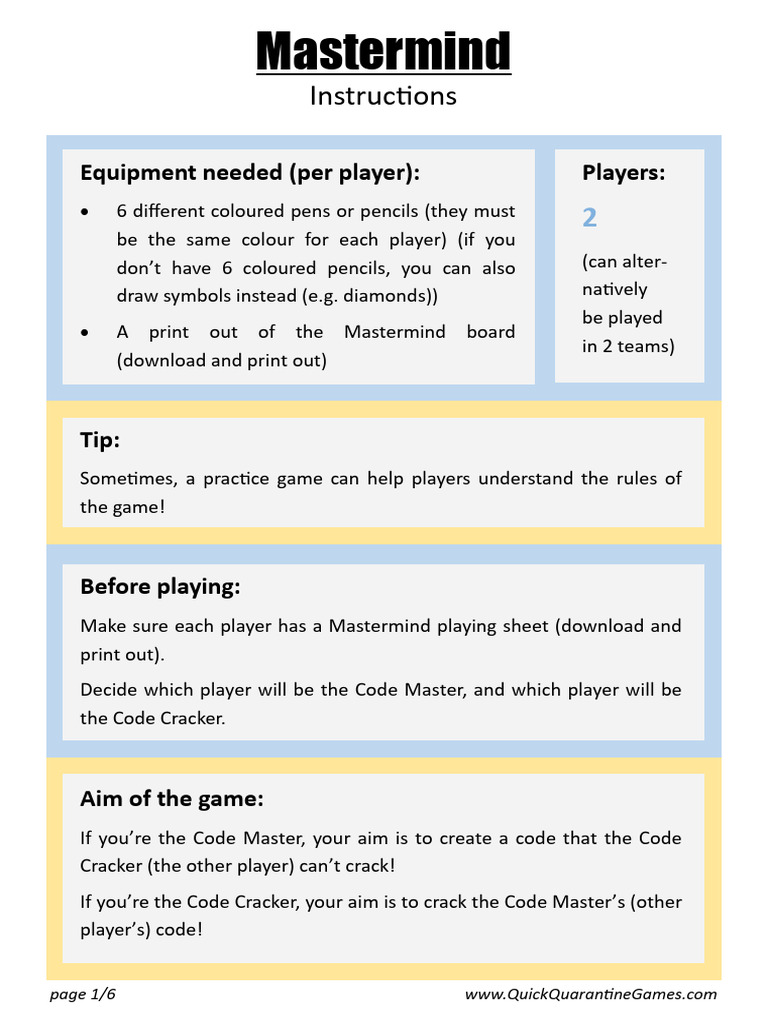 Mastermind Instructions PDF PDF