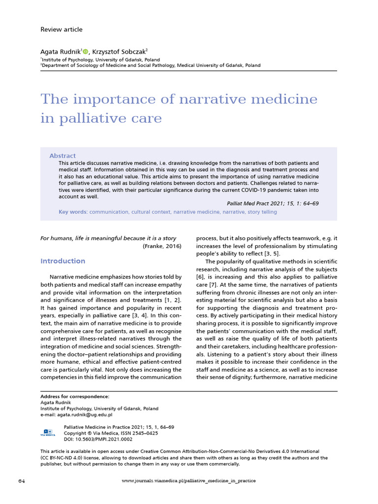 RUDNIK, 2021. The Importance of Narrative Medicine in Palliative Care ...