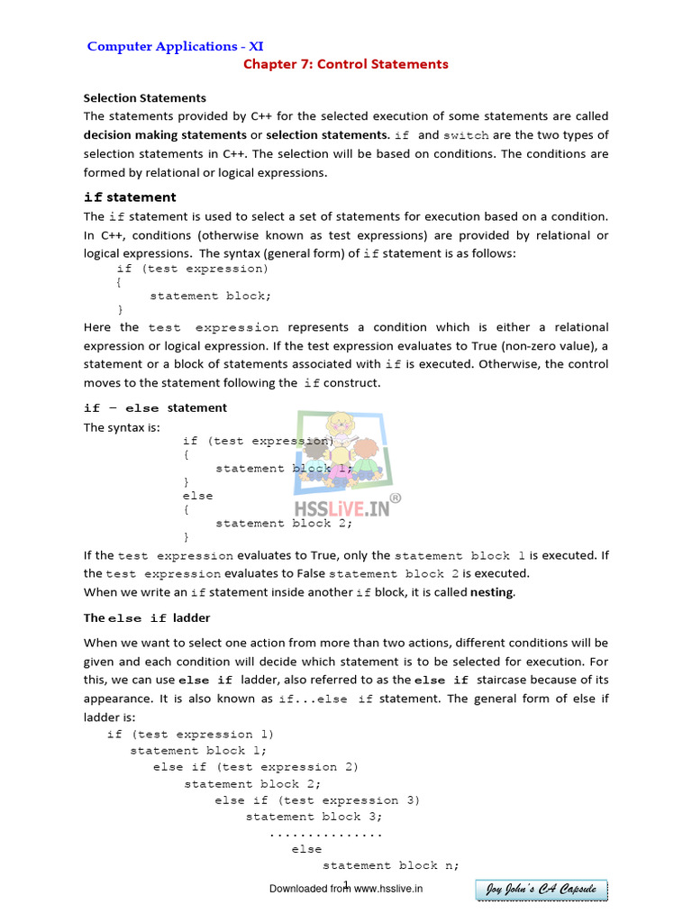 Hsslive-xi-joy-CA1 - Chap7 Notes | PDF | Control Flow | Computer ...
