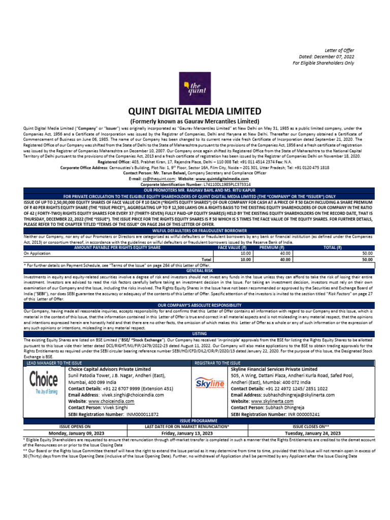 Quint Digital Media Rights Issue Offer | PDF | Stocks | Securities ...