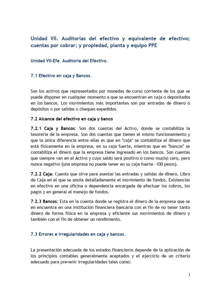 Unidad VII. Auditoria de Efectivo y Equivalentes de Efectivo Cuentas ...