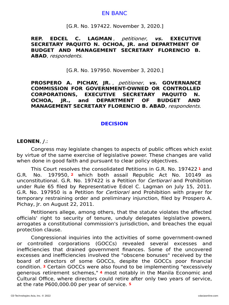 Lagman vs. Executive Secretary G.R. No. 197422. November 03, 2020 PDF Standing (Law) Case