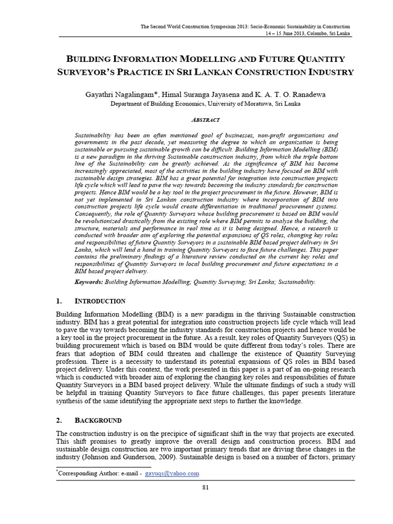 Building Information Modelling And Future Quantity Surveyor S Practice
