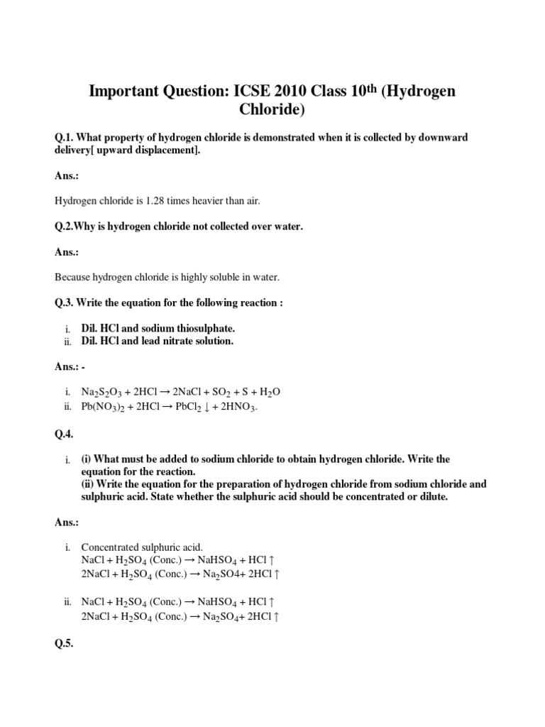 Important Question ICSE 2010 Class 10th Hydrogen Chloride PDF