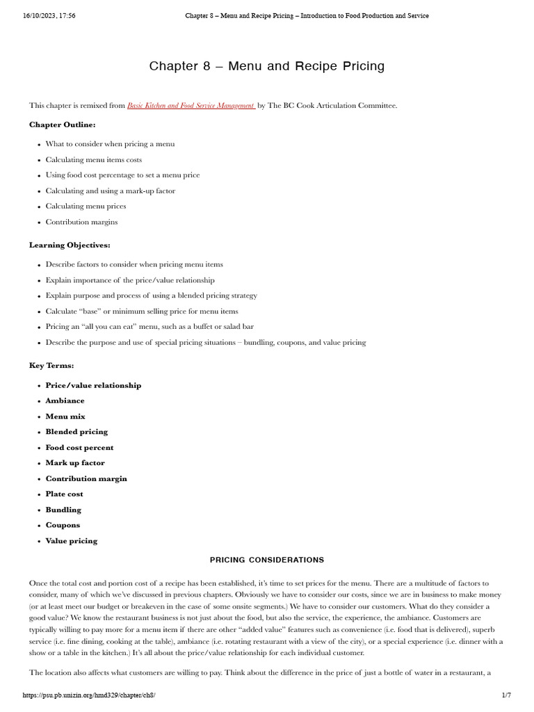 Chapter 8 - Menu and Recipe Pricing - Introduction To Food Production ...