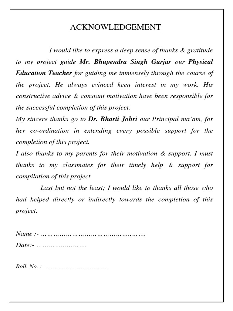 Acknowledgement for PE Project Completion | PDF