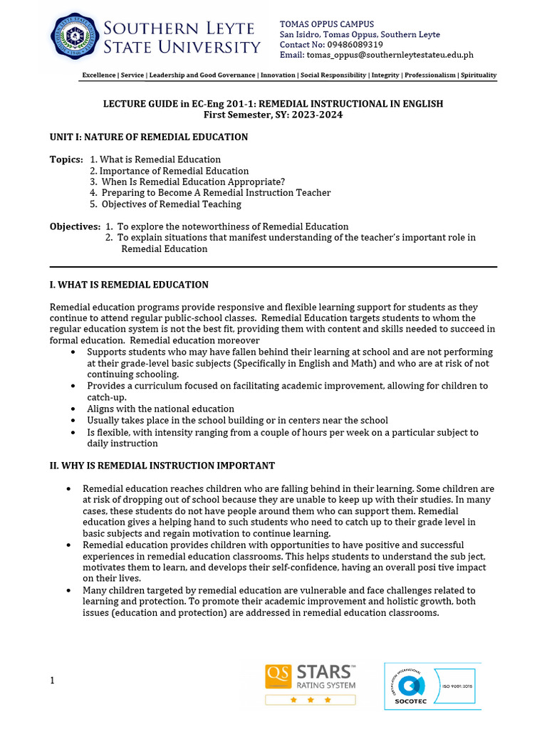 Remedial Instruction in English Guide | PDF | Reading Comprehension ...