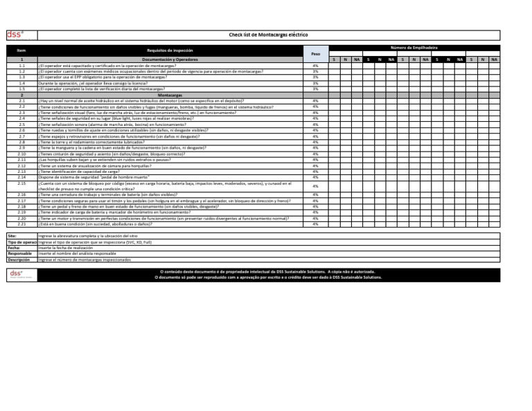 Checklist de montacargas el ctrico xlsx check list pdf m quina