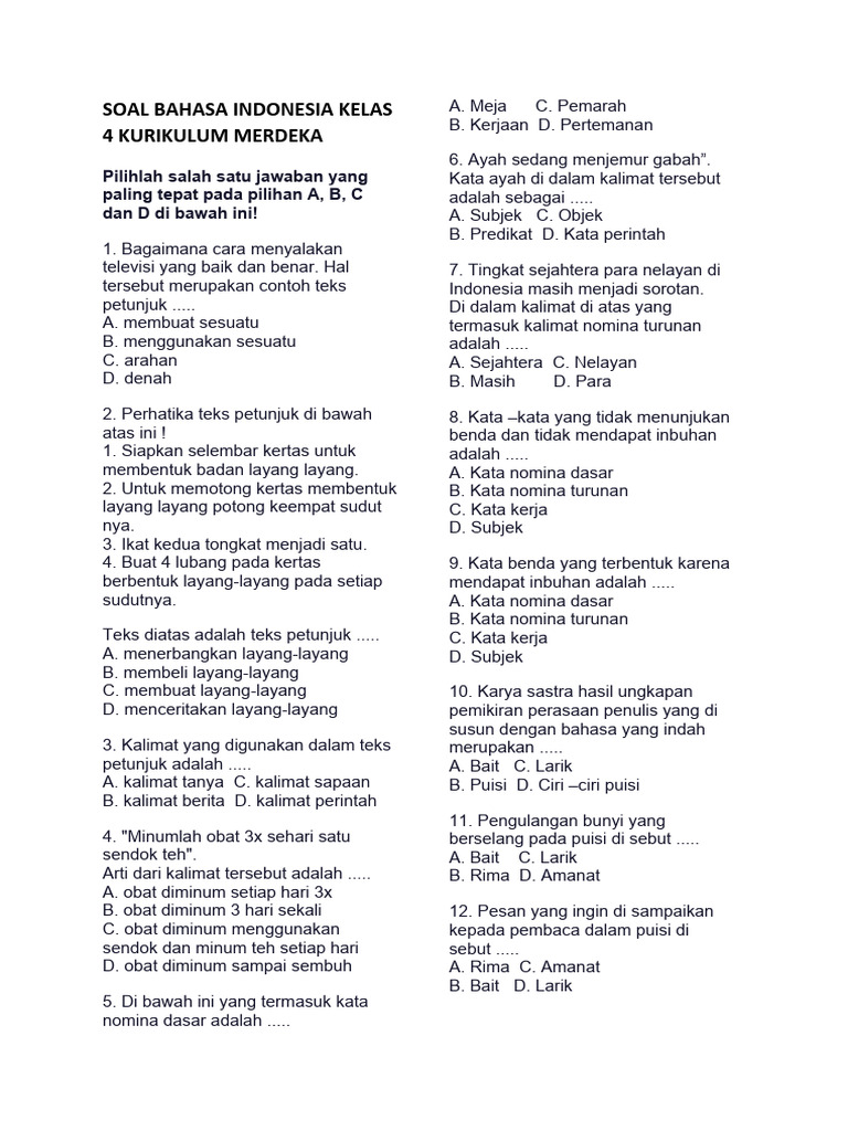 Soal Bahasa Indonesia Kelas 4 Kurikulum Merdeka | PDF | Seni & Disiplin ...