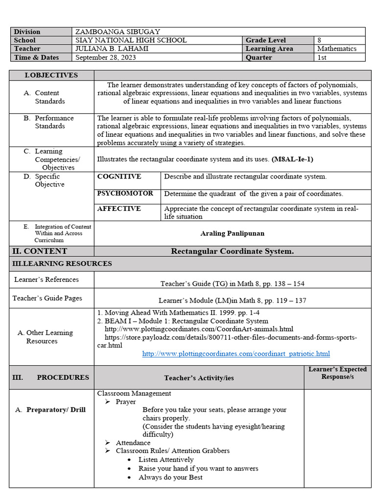 Rectangular Coordinate System Lesson Plan | PDF | Cartesian Coordinate ...