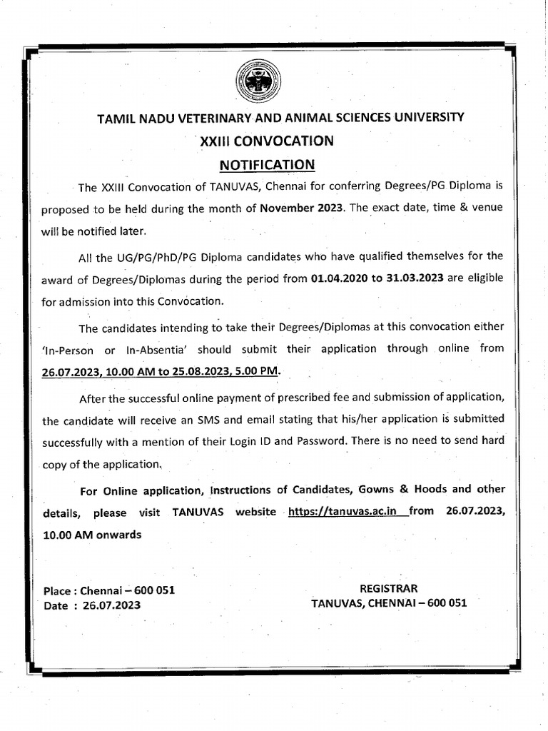 TANUVAS 23rd Convocation Notification | PDF