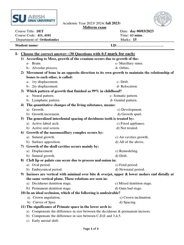 Midterm Fall 23 PDF Skull Dentistry Branches