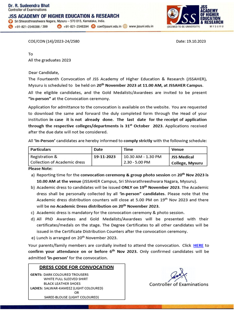 JSSAHER Convocation Invite 2023 | PDF | Clothing | Fashion