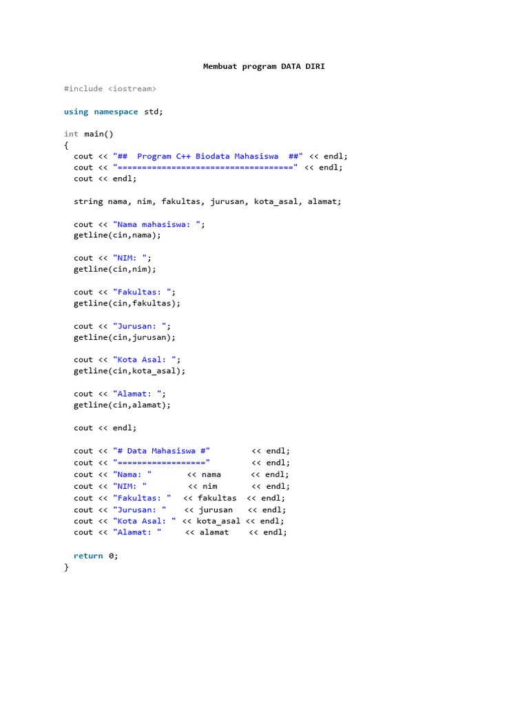 Program C++ Biodata Mahasiswa | PDF | Metode & Bahan Ajar | Komputer