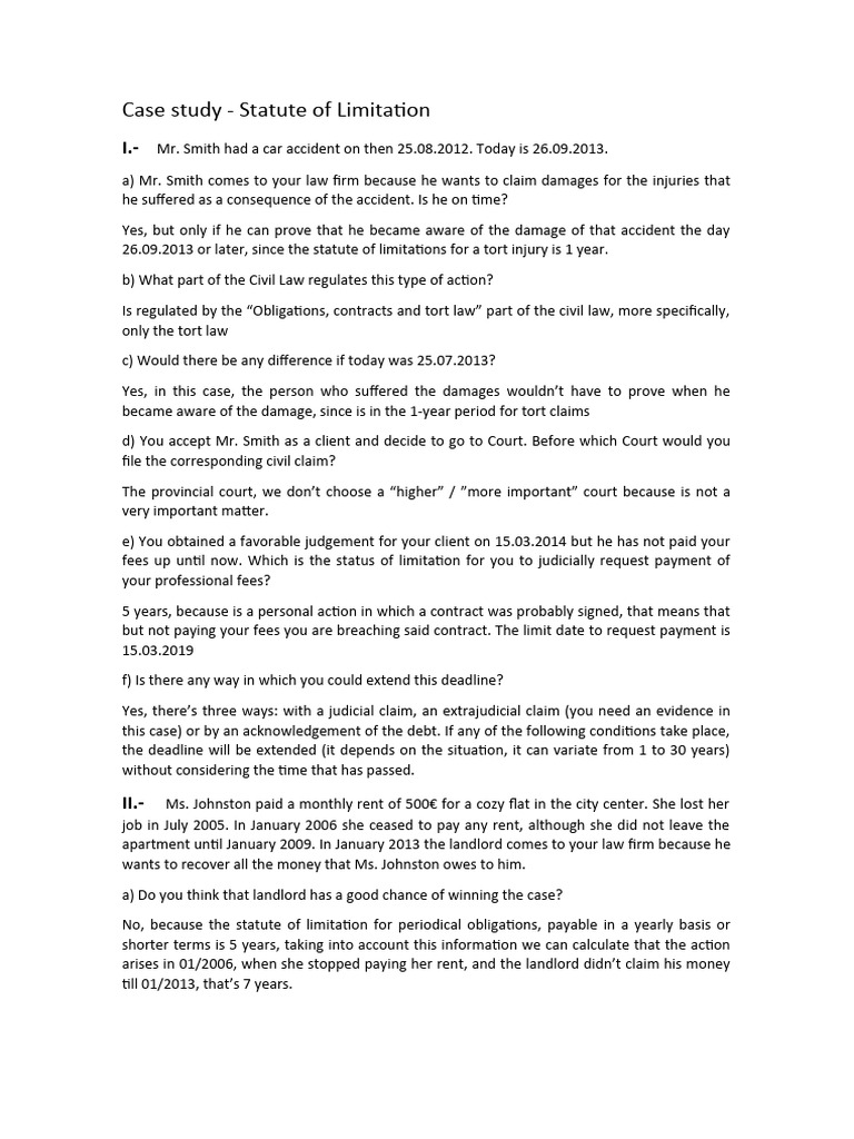 Case study statute of limitation pdf damages tort