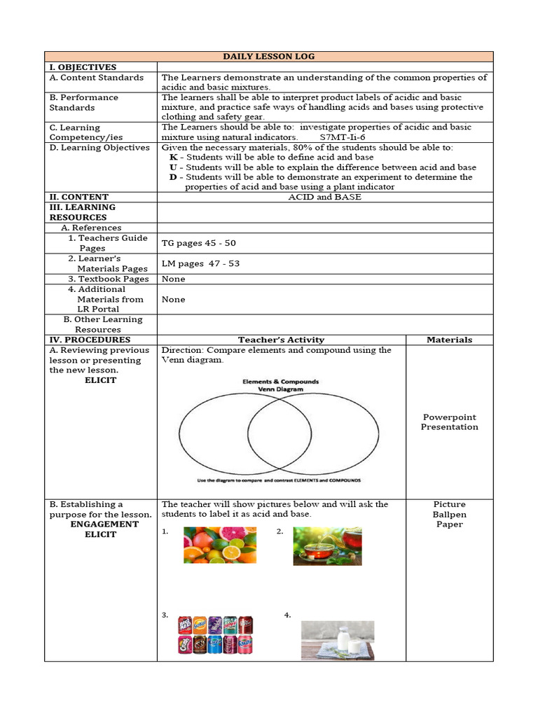 Lesson Plan 1 Acid and Bases Grade 7 PDF Ph Acid