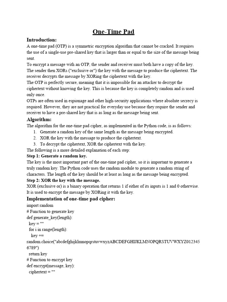 One Time Pad Program In Python Language PDF Key Cryptography One time pad program in python language pdf key cryptography