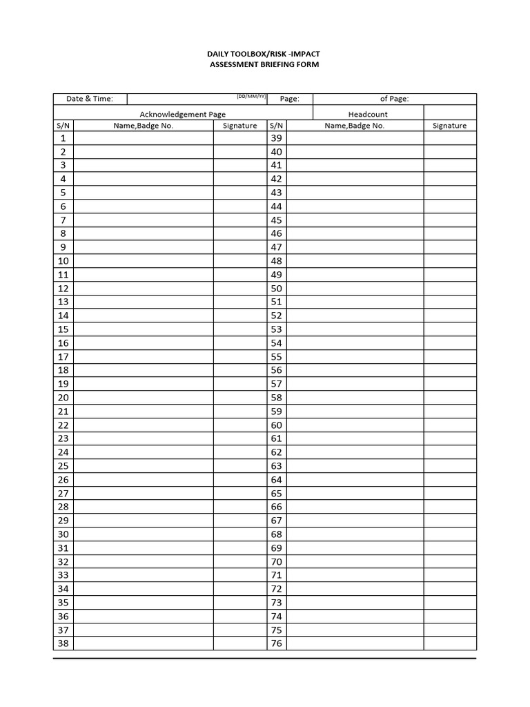 Daily Toolbox Meeting Form | PDF | Occupational Safety And Health ...