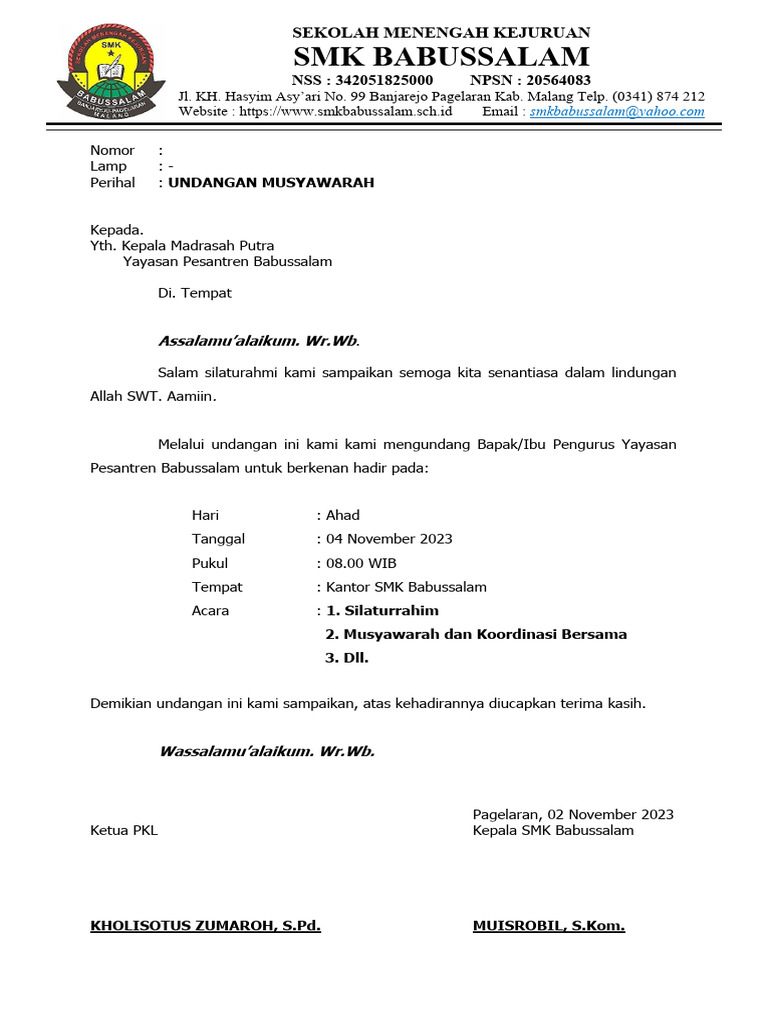 Surat Undangan Musyawarah Pengurus Pondok | PDF